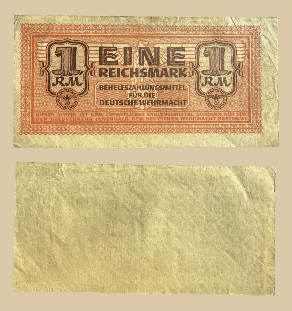 WWII German Wehrmacht 1 Reichsmark Military Note both sides of banknote