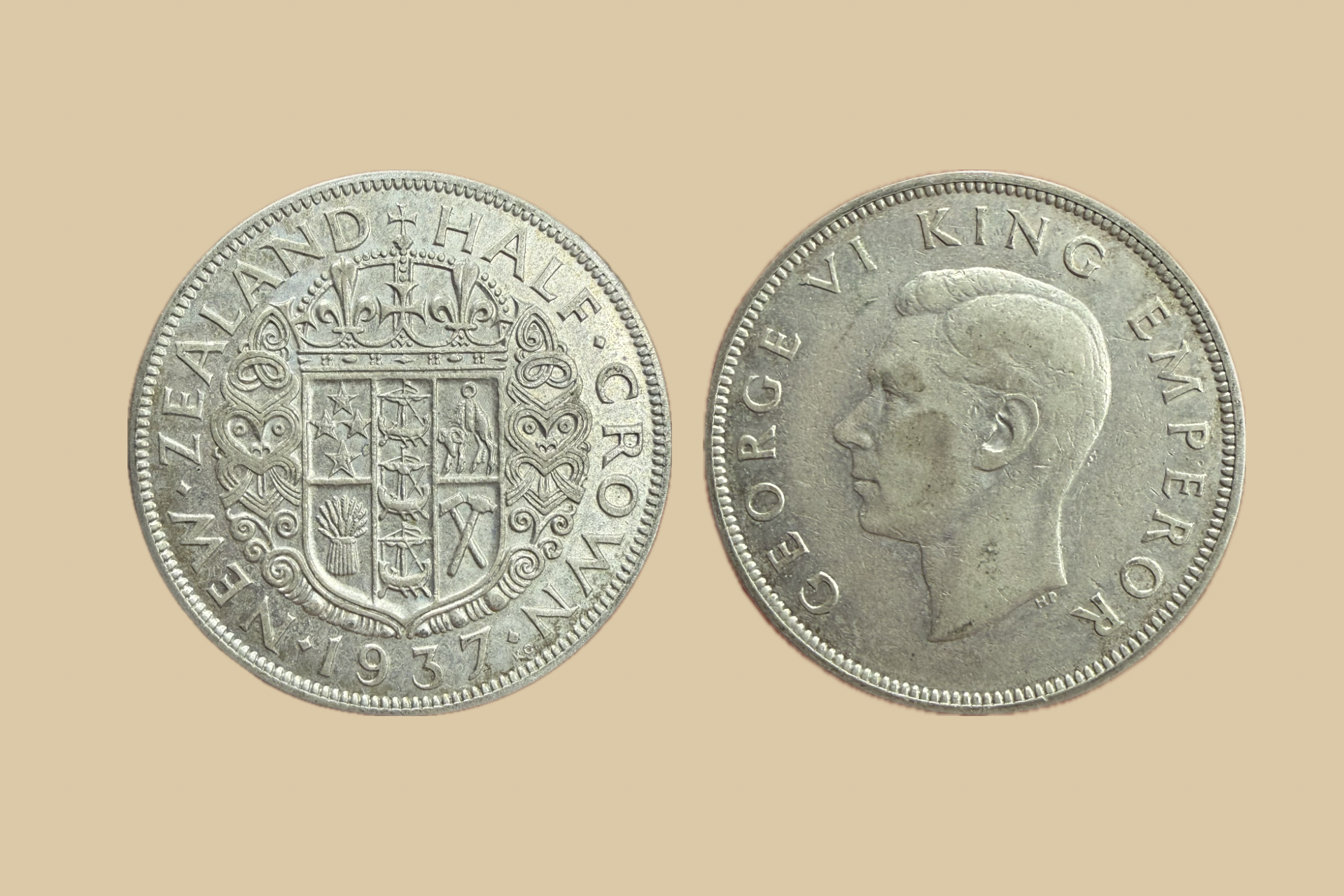 1937 New Zealand Half Crown silver coin obverse and reverse