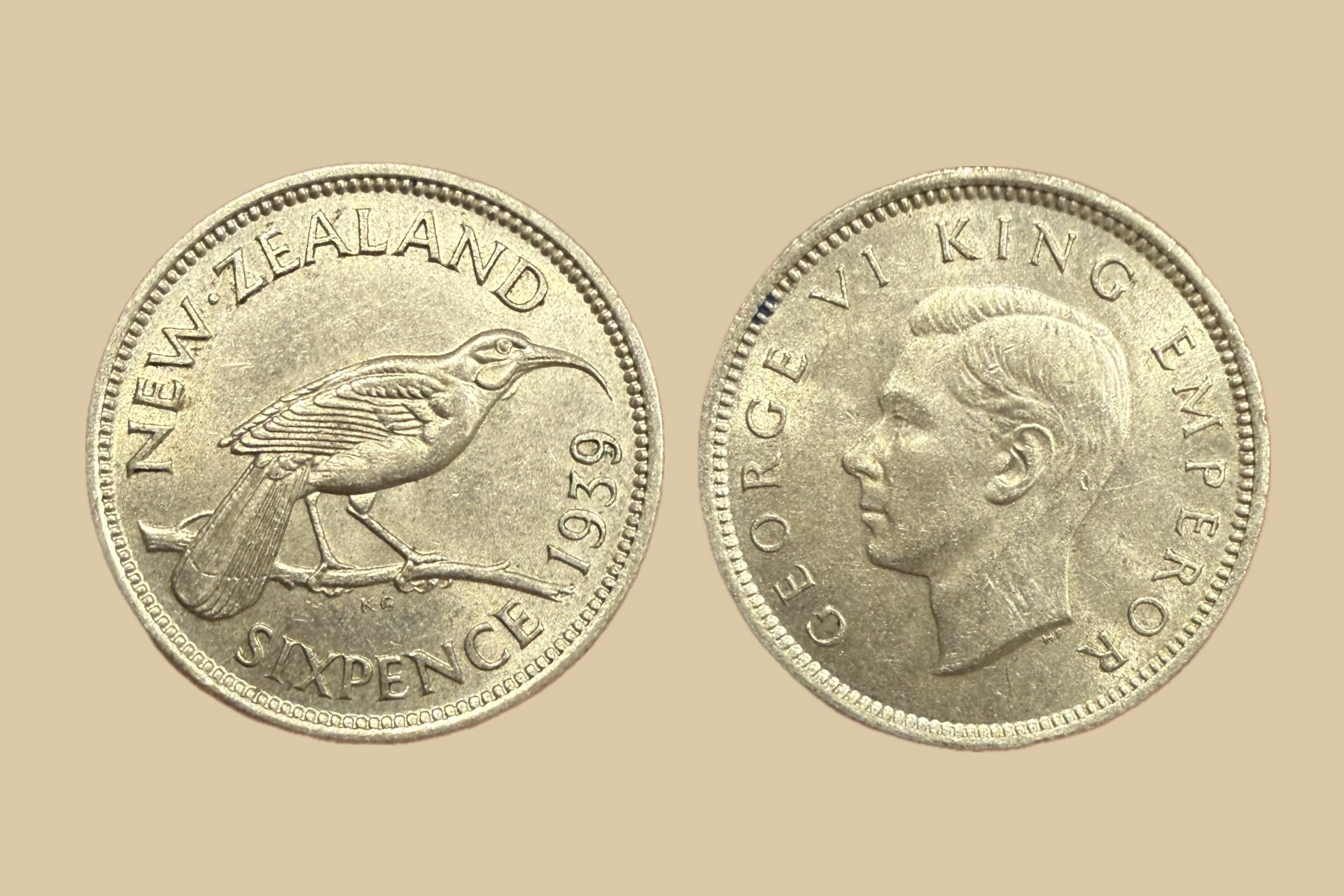 1939 New Zealand Sixpence silver coin obverse and reverse