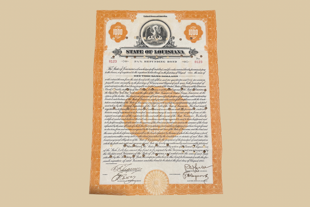 1938 Louisiana $1,000 Refunding Bond front with signatures