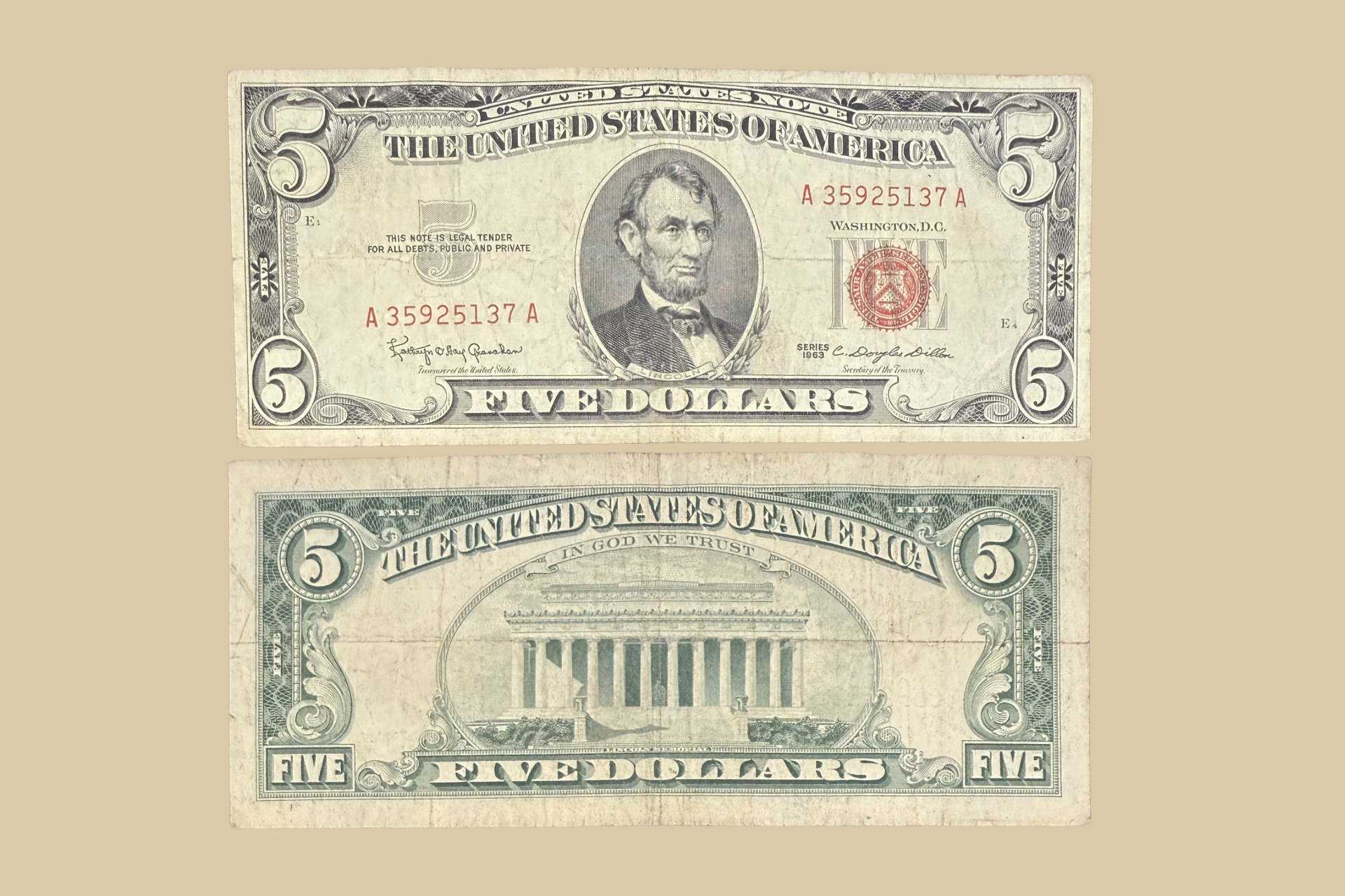 1963 United States $5 Note (Red Seal) front and back