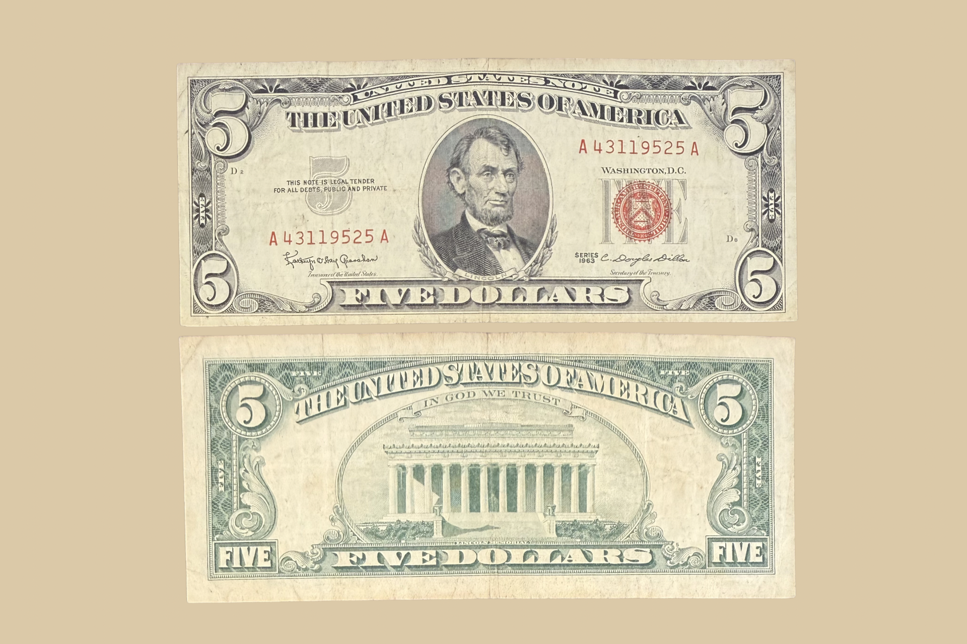 1963 United States $5 Note (Red Seal) front and back