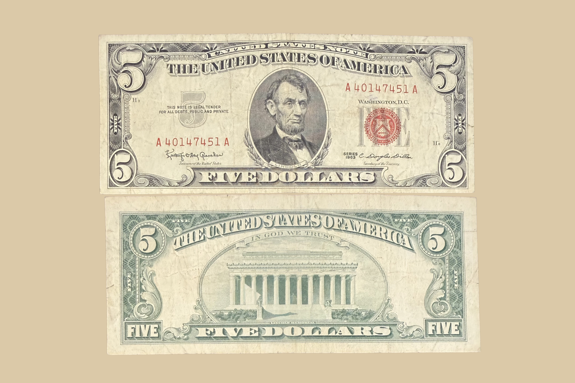 1963 United States $5 Note (Red Seal) front and back