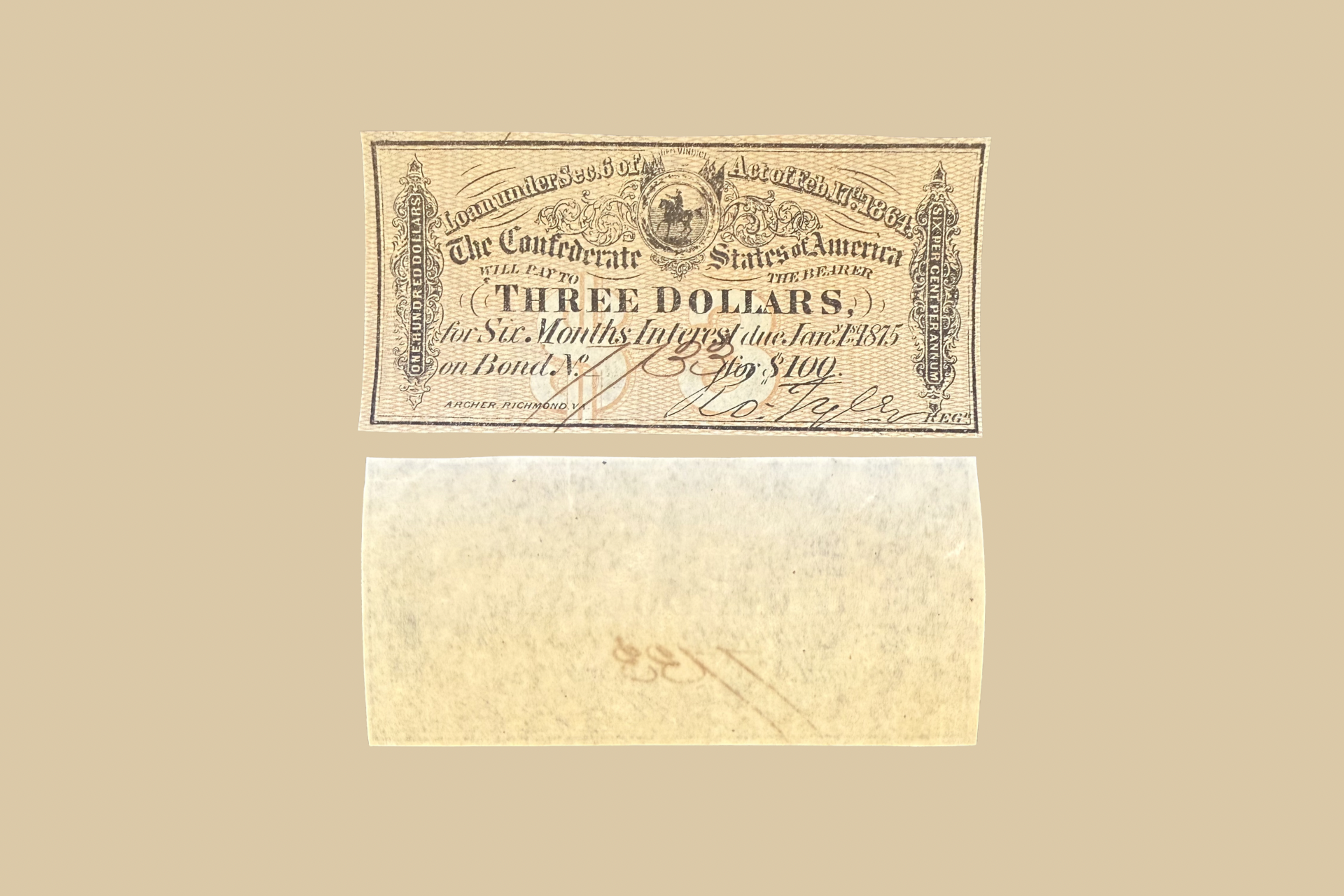 1864 Confederate States of America $3 Bond Coupon front and back