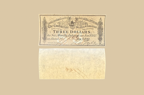 1864 Confederate States of America $3 Bond Coupon front and back