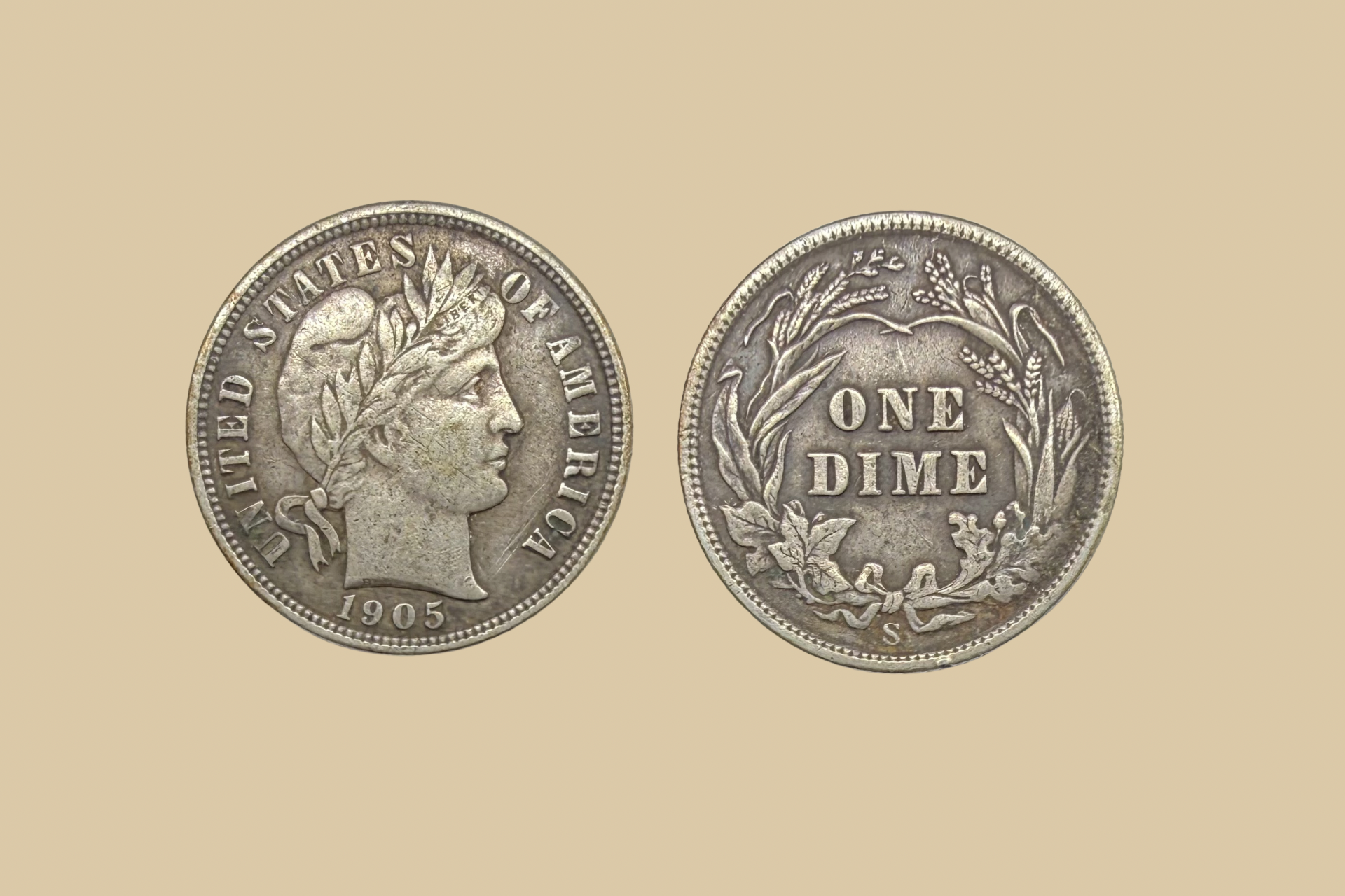 1905 S Barber Dime silver coin obverse and reverse