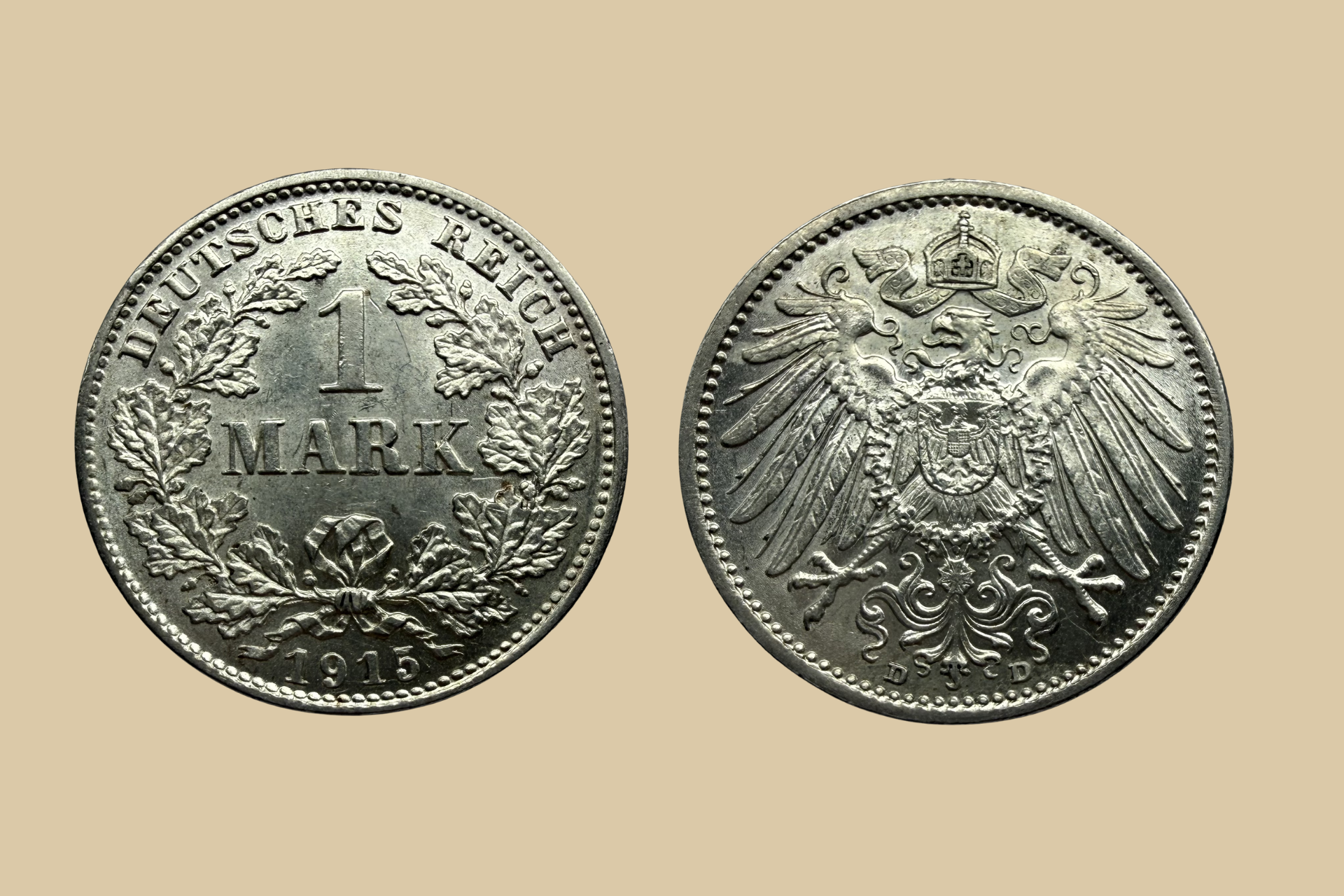1915 German Empire silver 1 Mark coin obverse and reverse