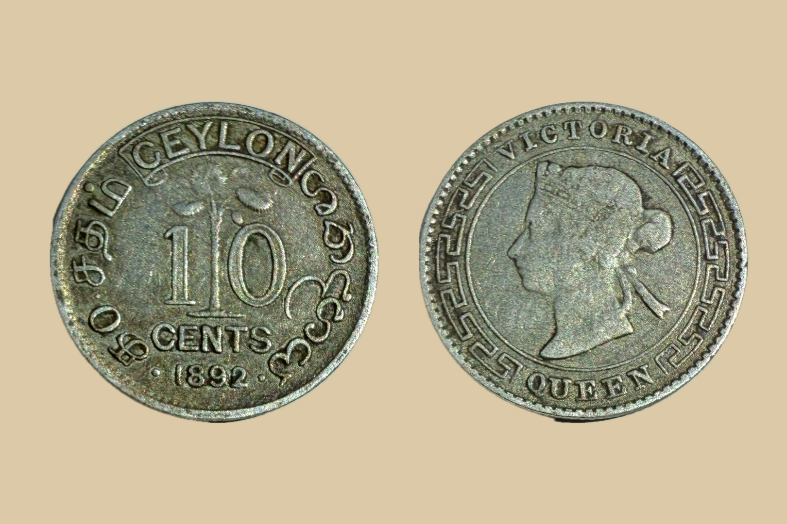 1892 Ceylon 10 Cents silver coin obverse and reverse