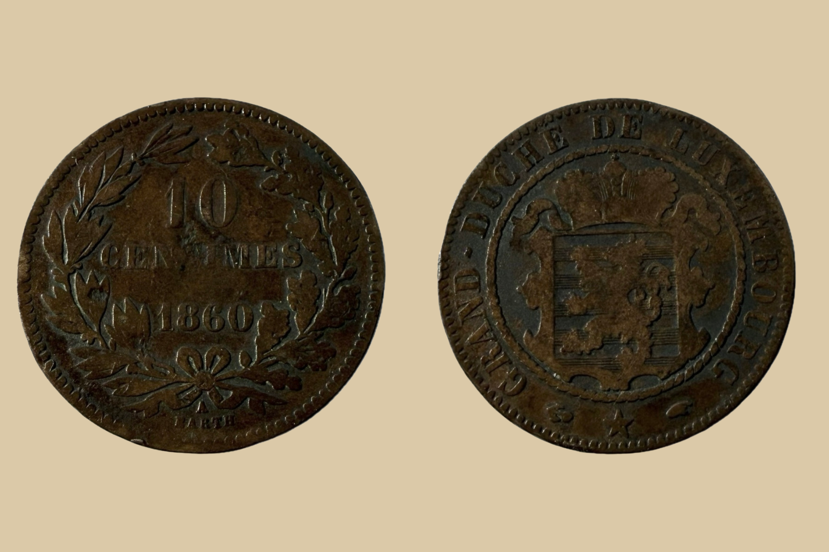 1860 A Luxembourg 10 Centimes coin obverse and reverse