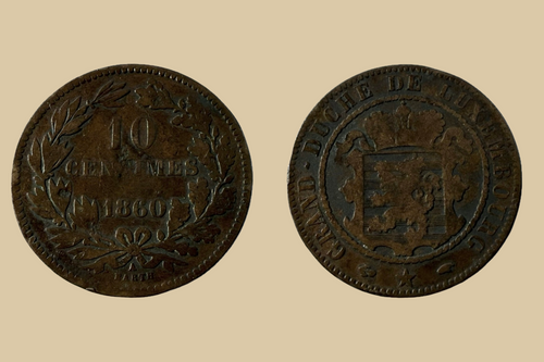 1860 A Luxembourg 10 Centimes coin obverse and reverse