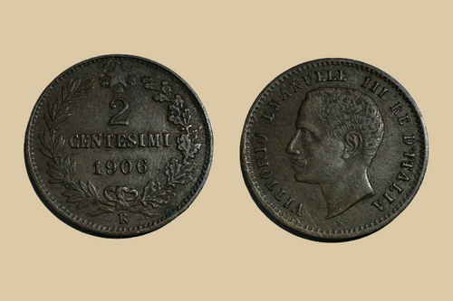1906 Italy 2 Centesimi coin obverse and reverse