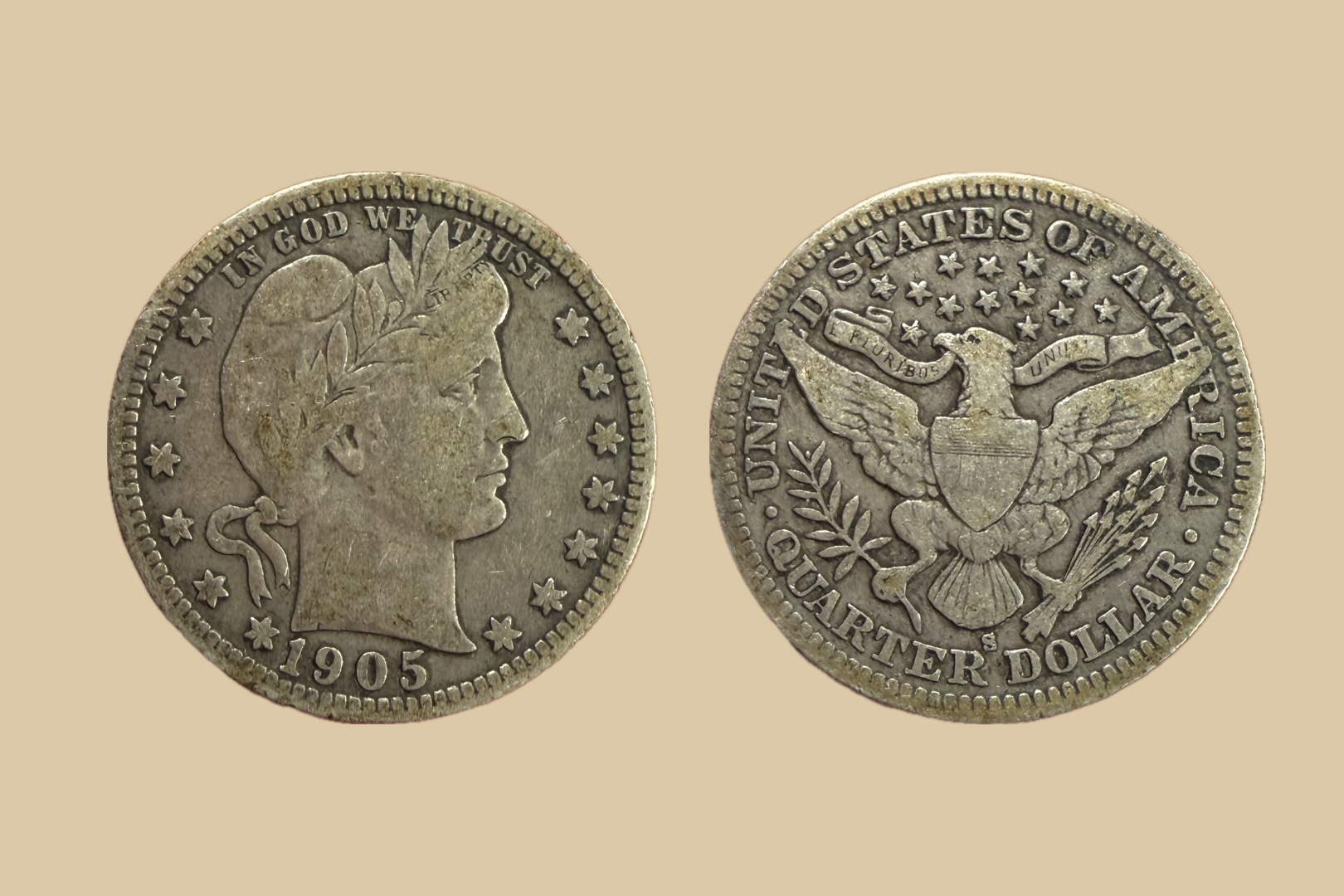 1905 S USA Silver Barber Quarter coin obverse and reverse