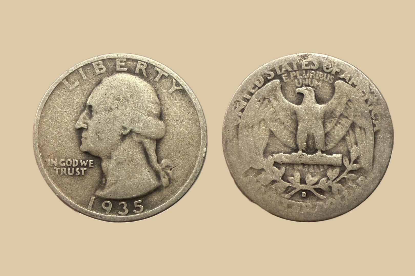 1935 D USA Silver Washington Quarter coin obverse and reverse