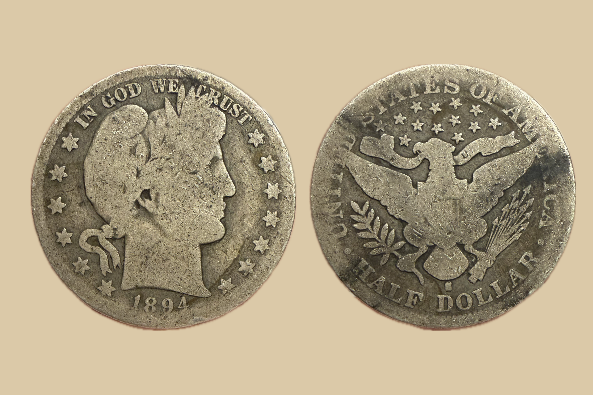 1894 S USA Silver Barber Half Dollar coin obverse and reverse