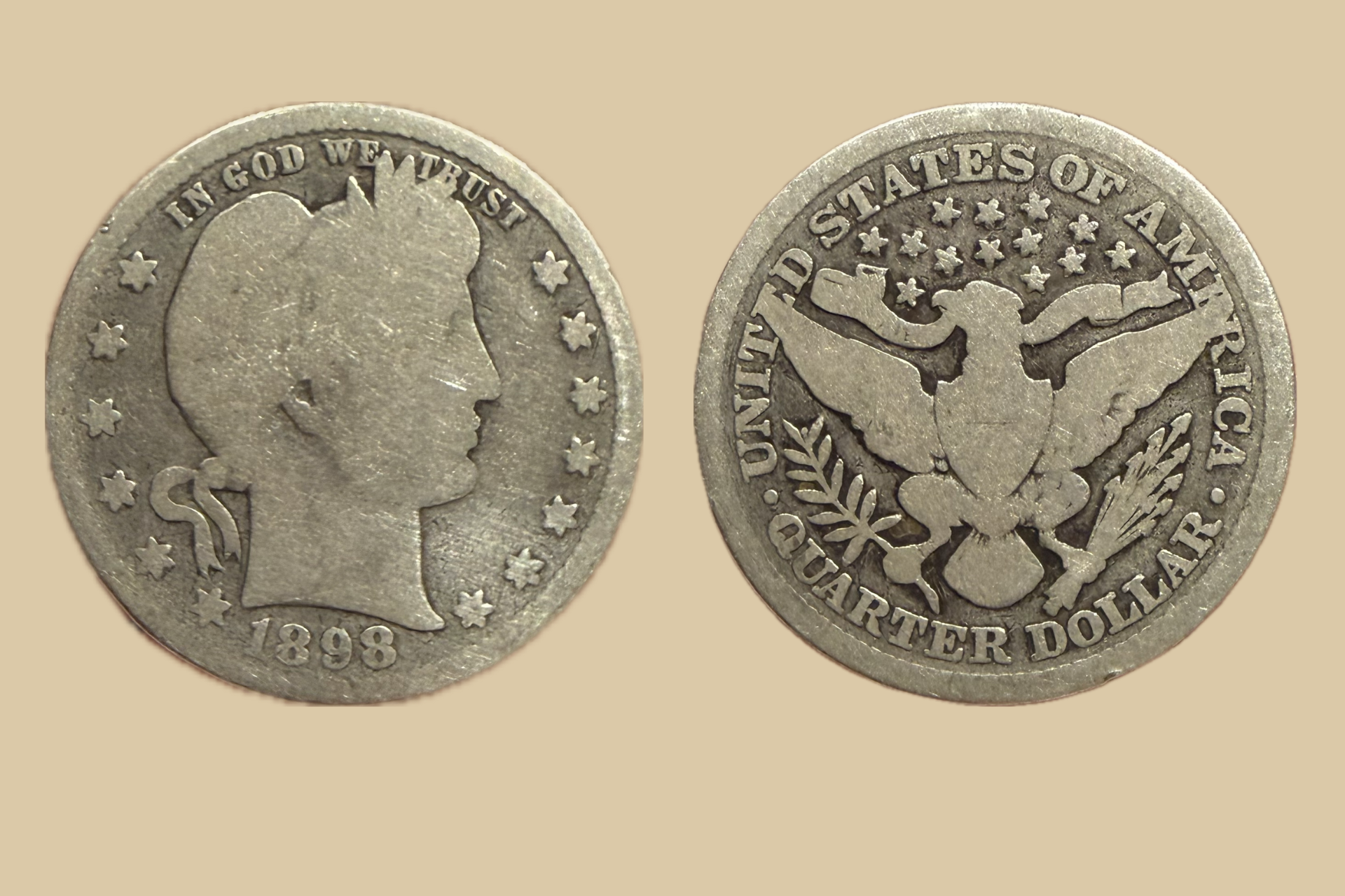 1898 USA Silver Barber Quarter coin obverse and reverse