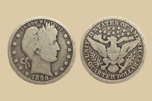 1899 USA Silver Barber Quarter coin obverse and reverse