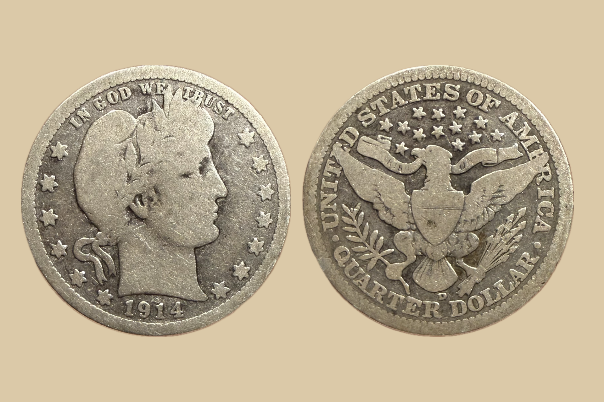 1914 D USA Silver Barber Quarter coin obverse and reverse