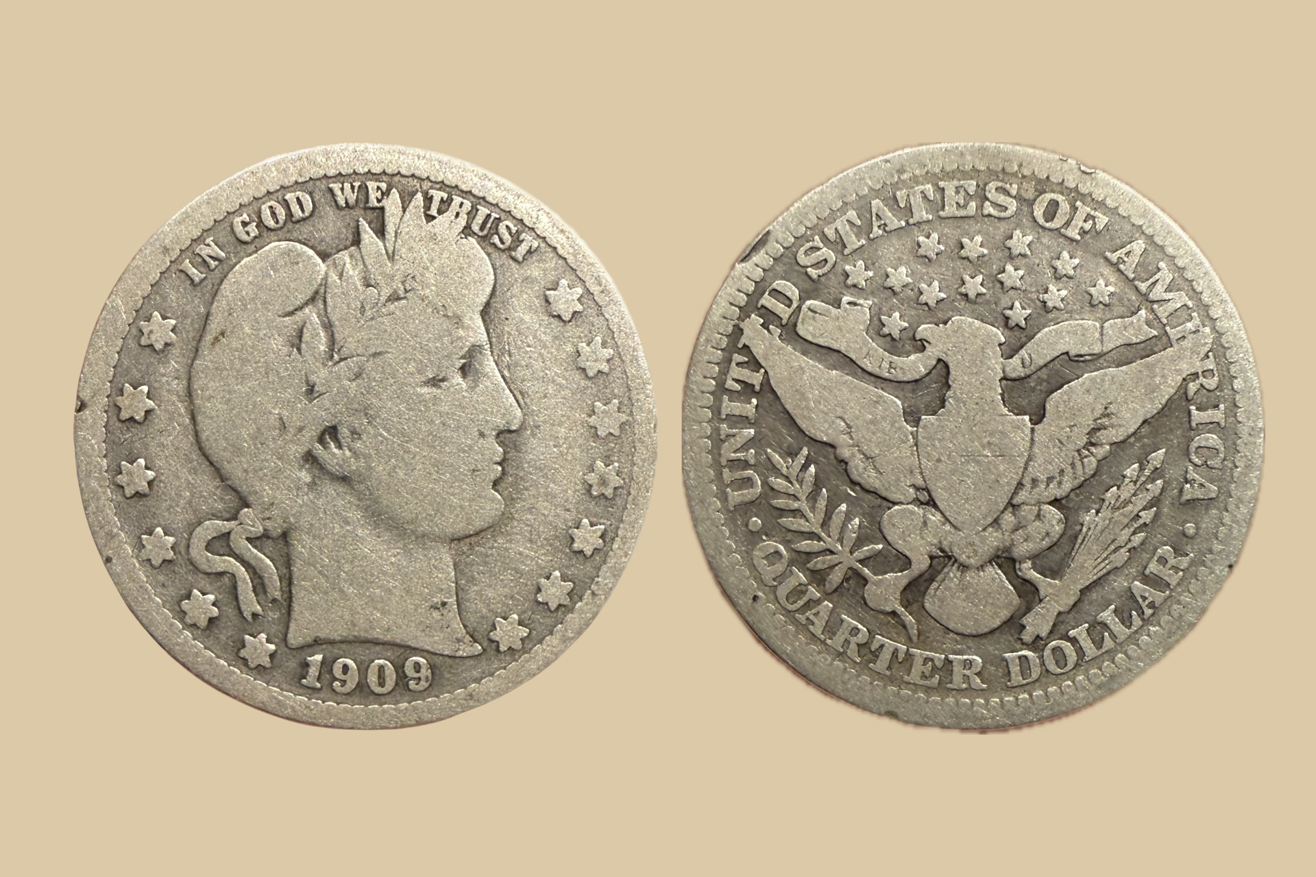 1909 USA Silver Barber Quarter coin obverse and reverse