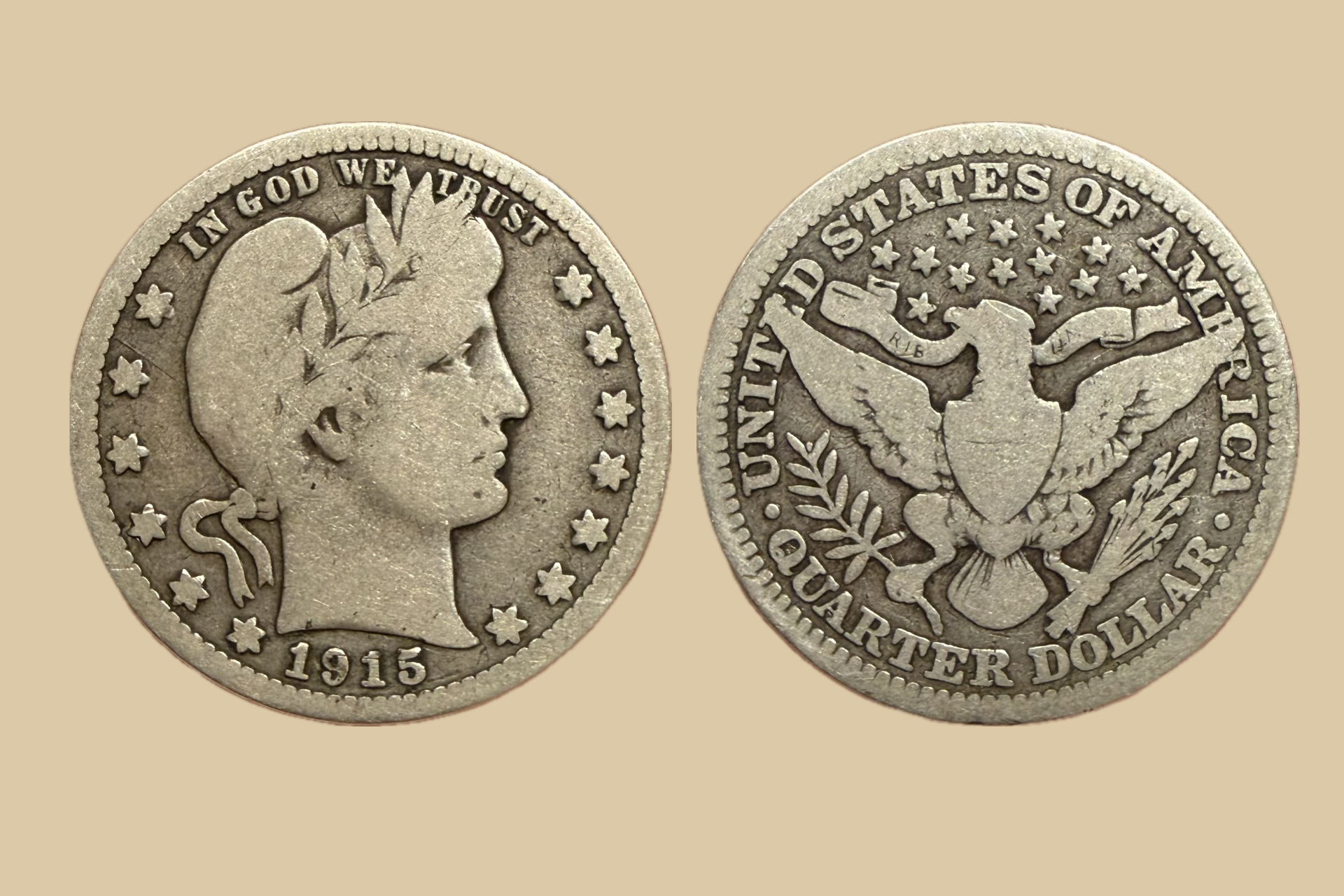 1915 USA Silver Barber Quarter coin obverse and reverse