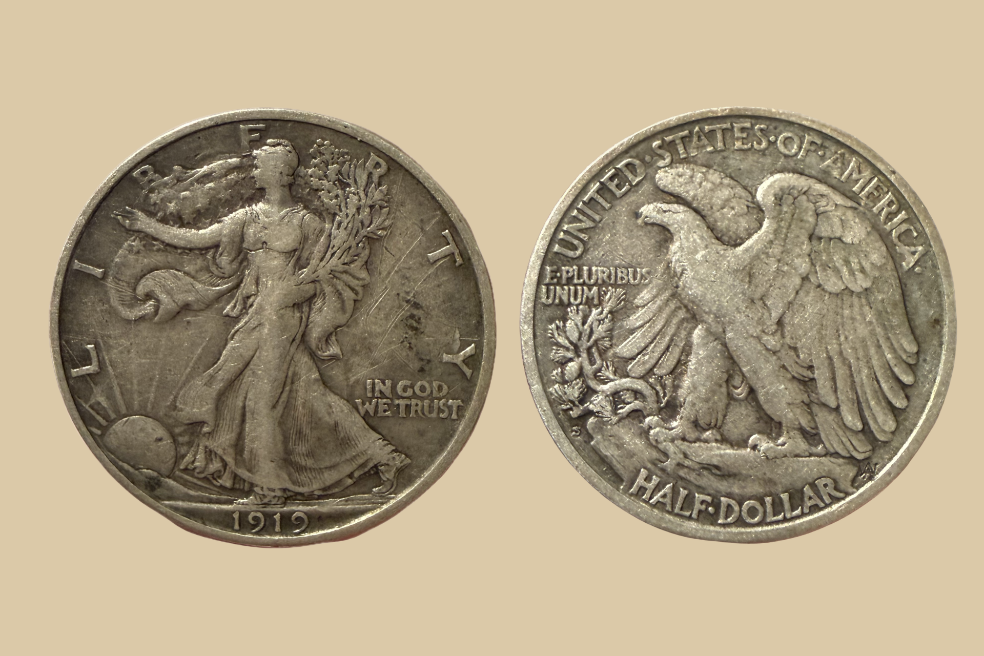 1919 S USA Silver Walking Liberty Half Dollar coin obverse and reverse