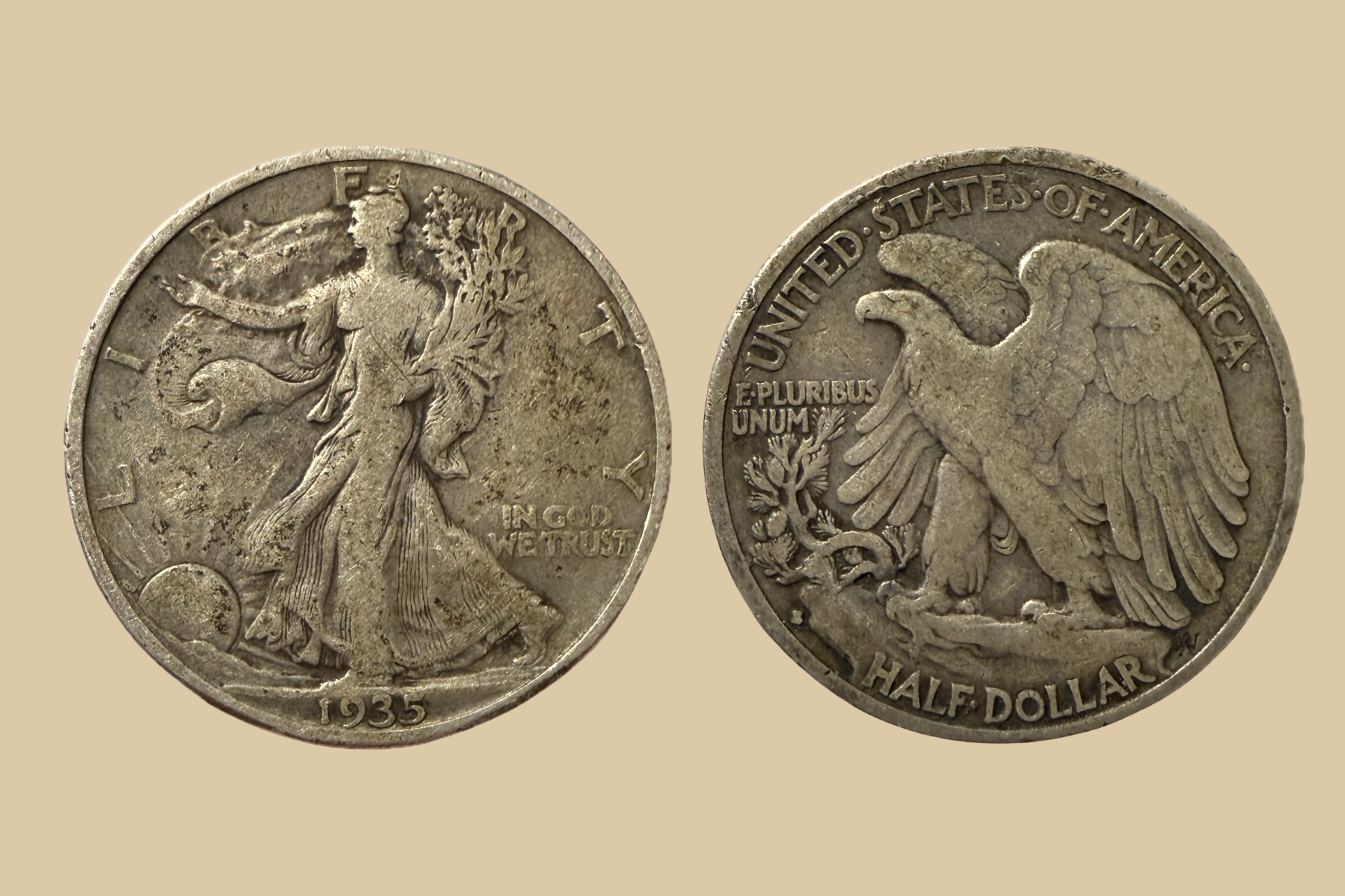 1935 S USA Silver Walking Liberty Half Dollar coin obverse and reverse