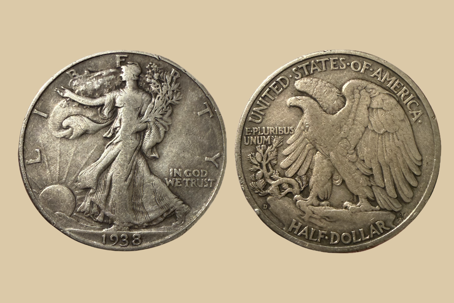 1938 D USA Silver Walking Liberty Half Dollar coin obverse and reverse