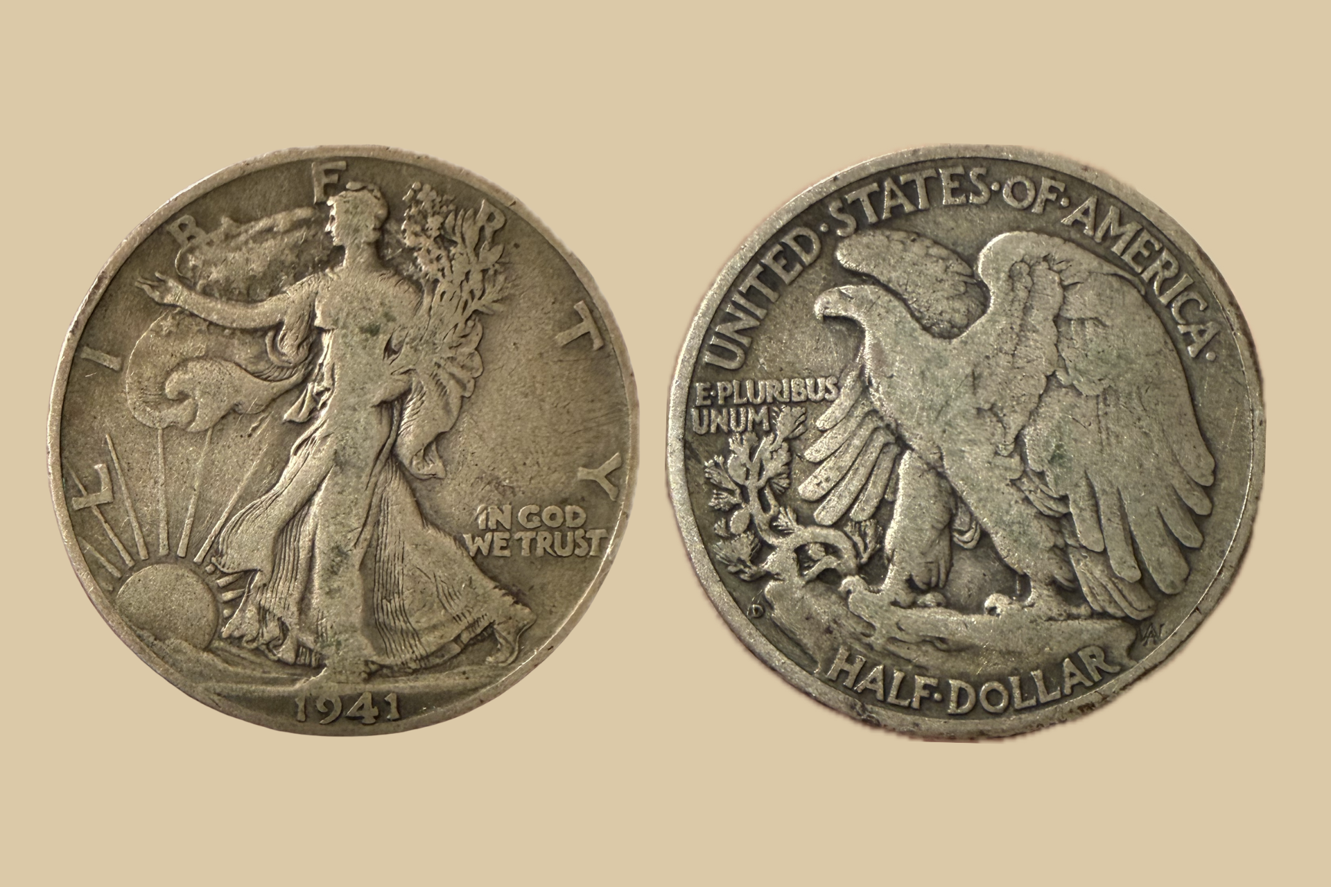 1941 D USA Silver Walking Liberty Half Dollar coin obverse and reverse