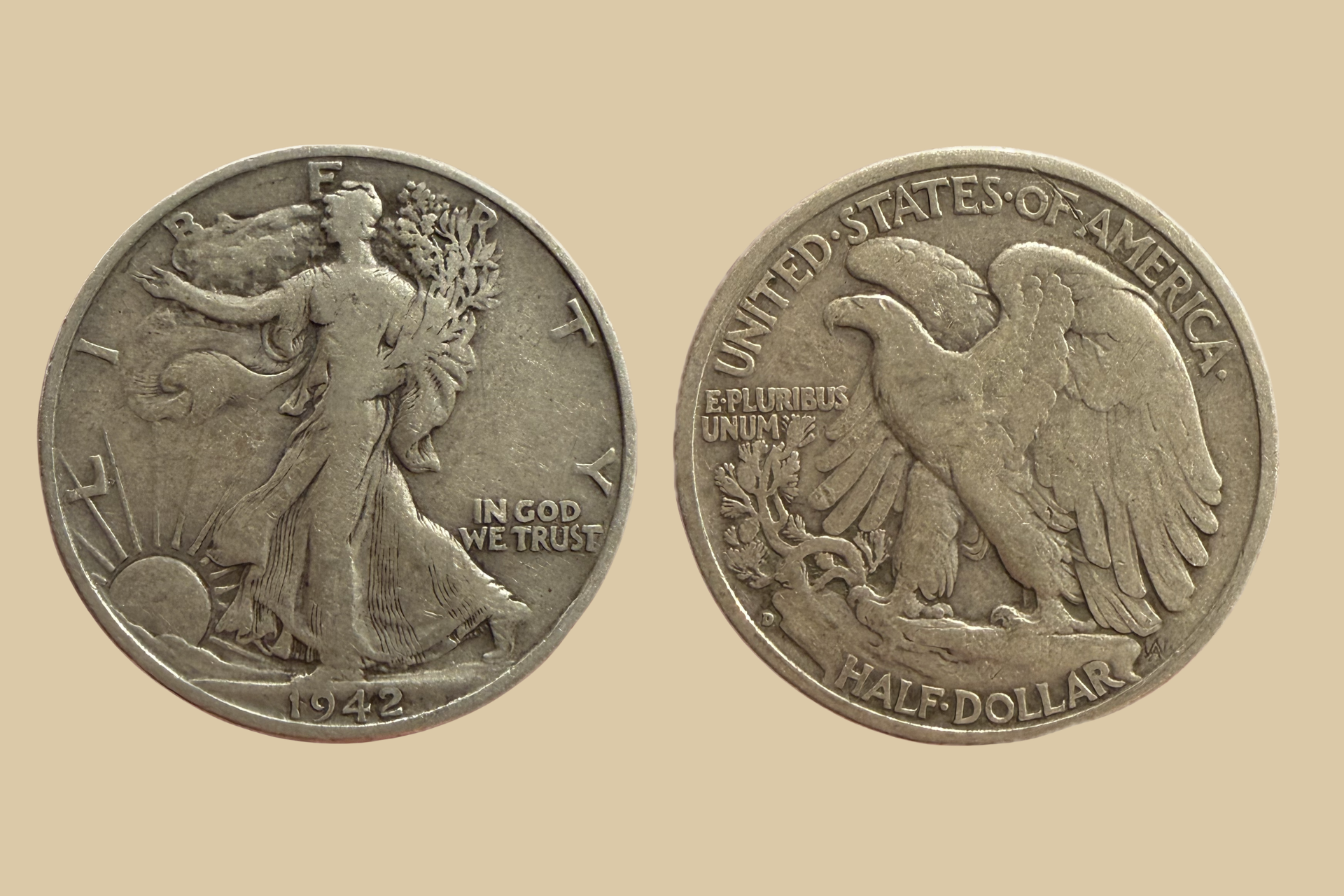1942 D USA Silver Walking Liberty Half Dollar coin obverse and reverse