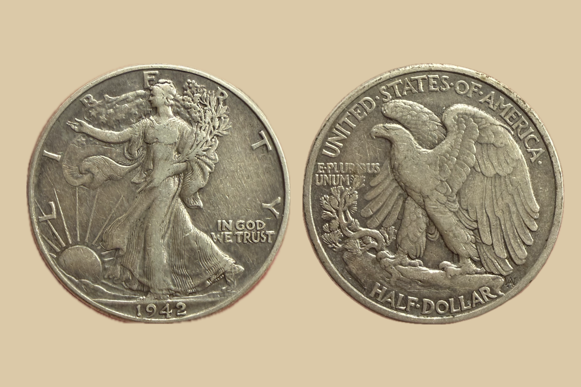 1942 USA Silver Walking Liberty Half Dollar coin obverse and reverse