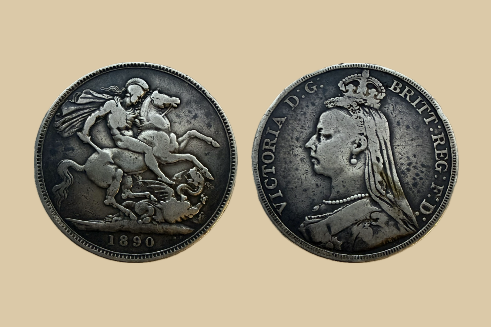 1890 Great Britain Sterling Silver Crown Queen Victoria Jubilee Head coin obverse and reverse