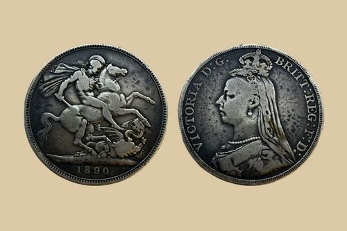 1890 Great Britain Sterling Silver Crown Queen Victoria Jubilee Head coin obverse and reverse