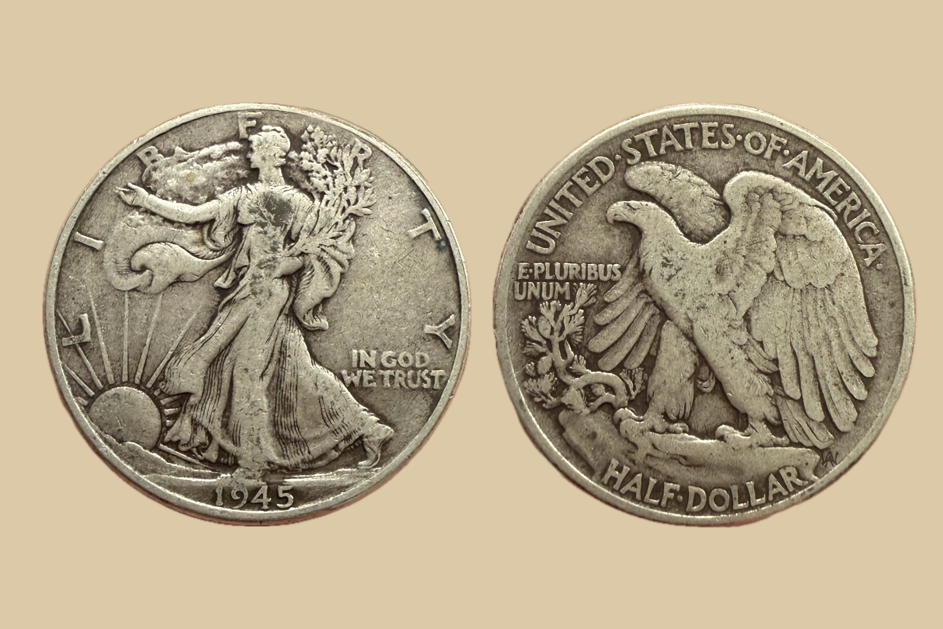 1945 USA Silver Walking Liberty Half Dollar coin obverse and reverse