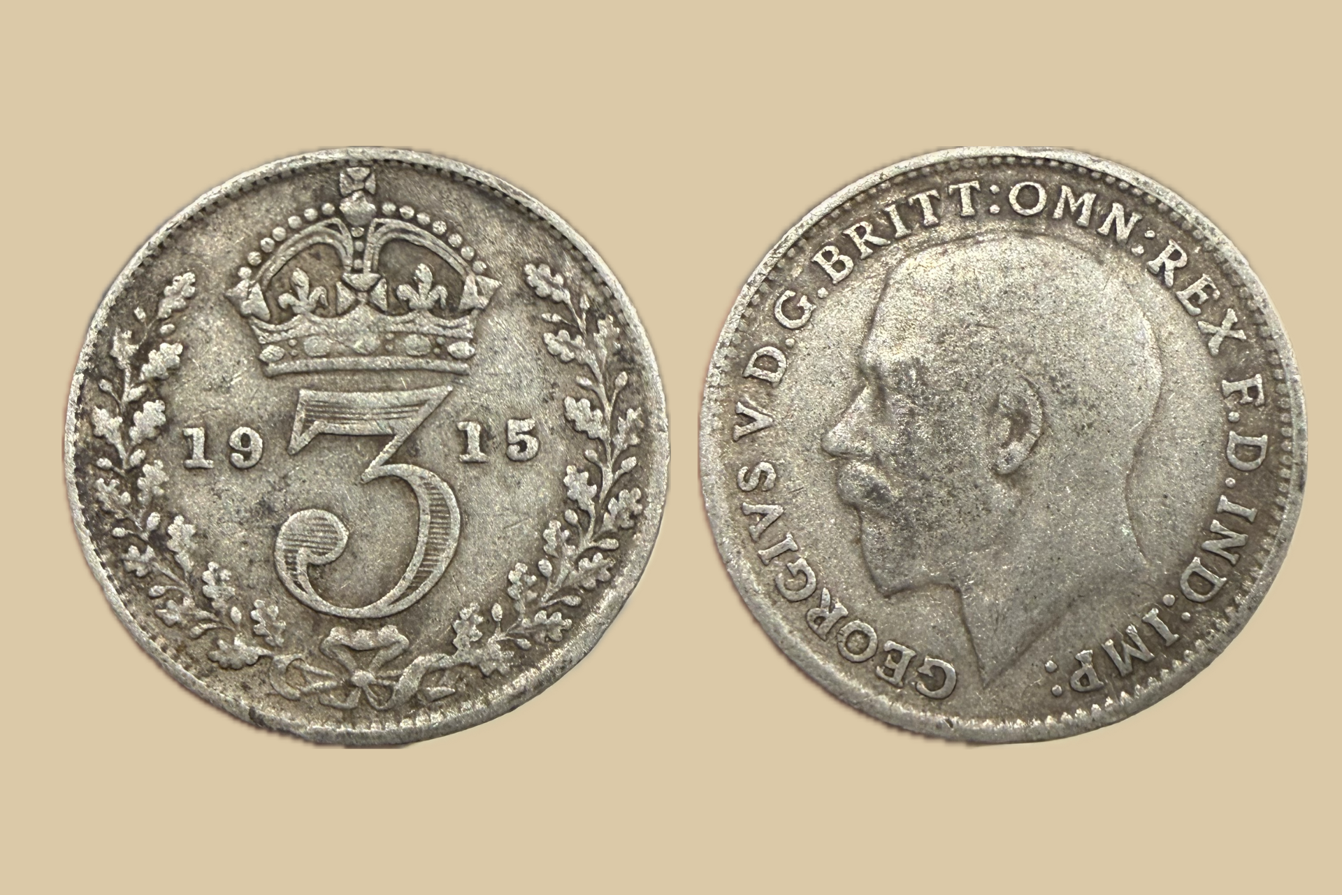 1915 United Kingdom Threepence Silver Coin obverse and reverse