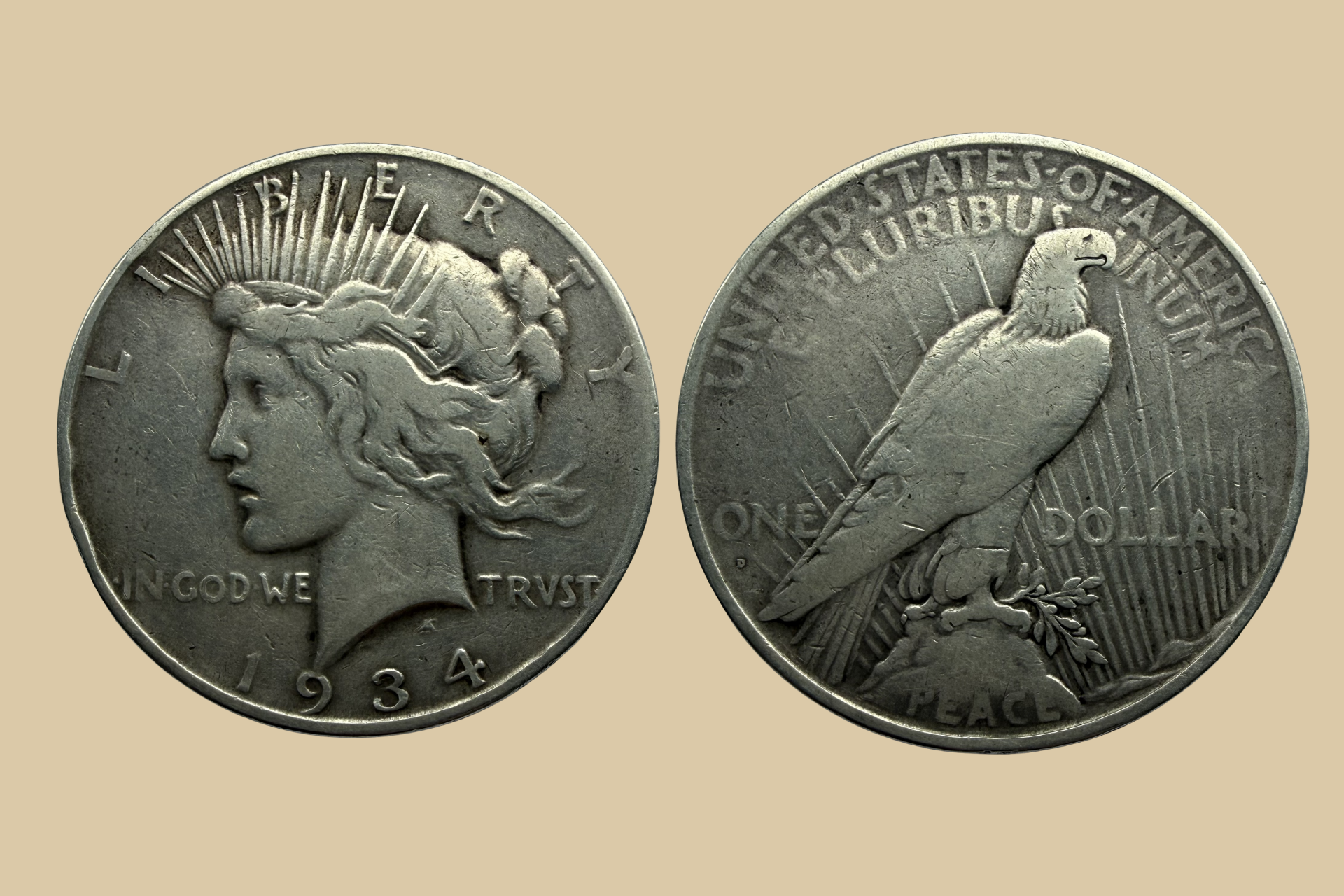 1934 D USA Silver Peace Dollar Coin Micro D Variety obverse and reverse