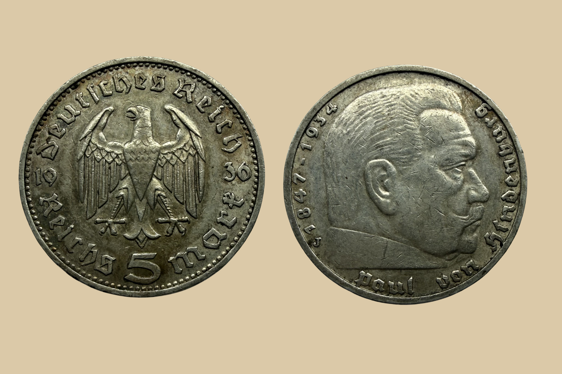 1936 J German 5 Reichsmark Silver Coin obverse and reverse
