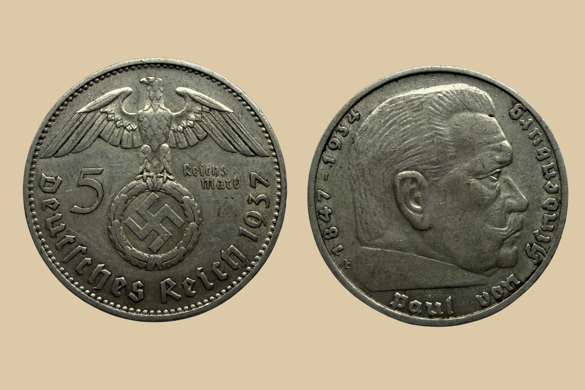 1937 F German 5 Reichsmark Silver Coin obverse and reverse