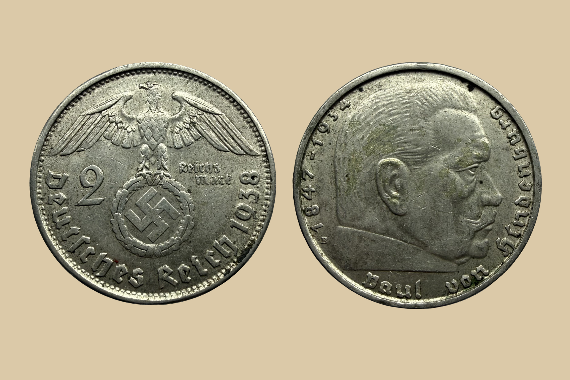 1938 B German 2 Reichsmark Silver Coin obverse and reverse