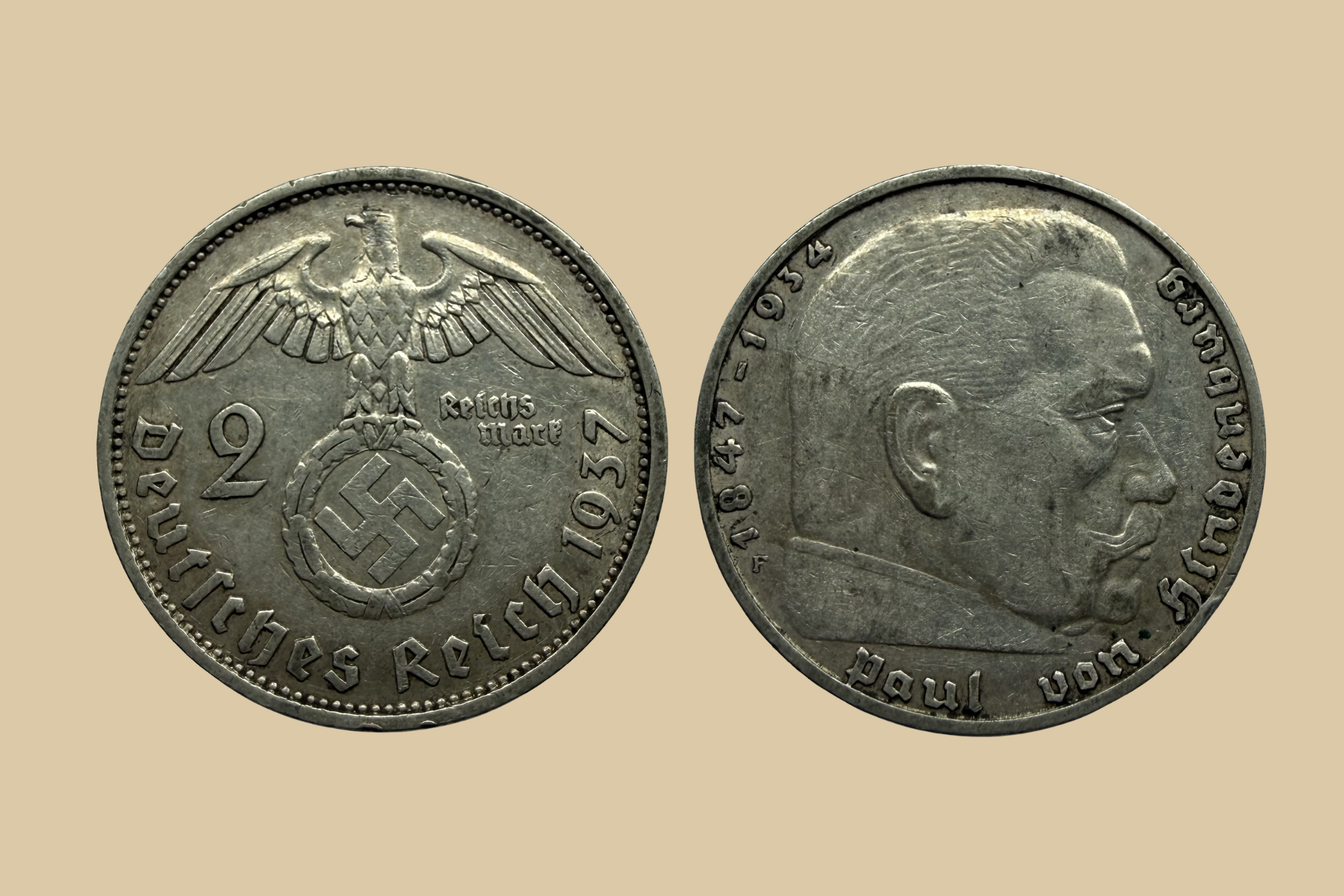 1937 F German 2 Reichsmark Silver Coin obverse and reverse