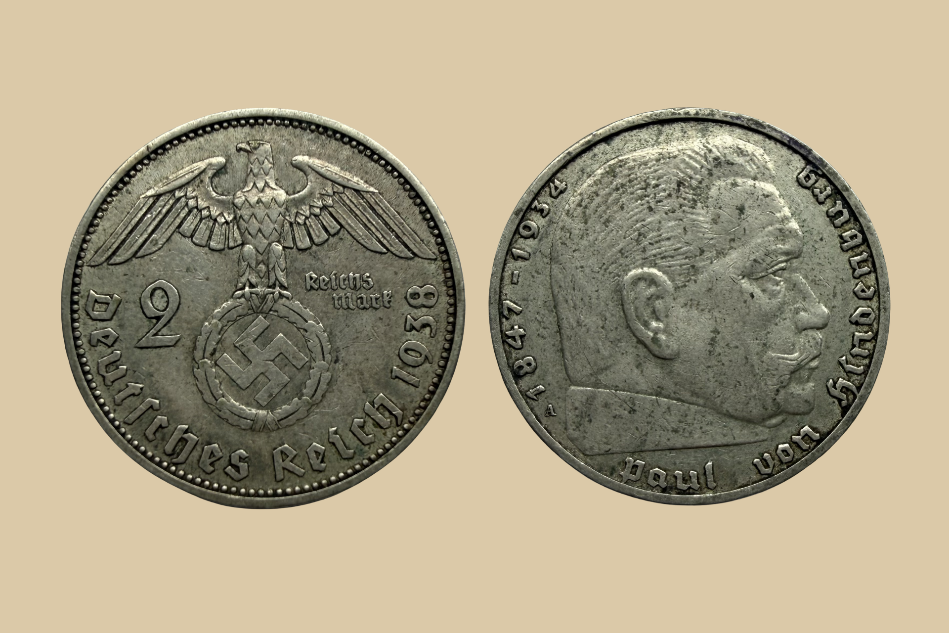 1938 A German 2 Reichsmark Silver Coin obverse and reverse