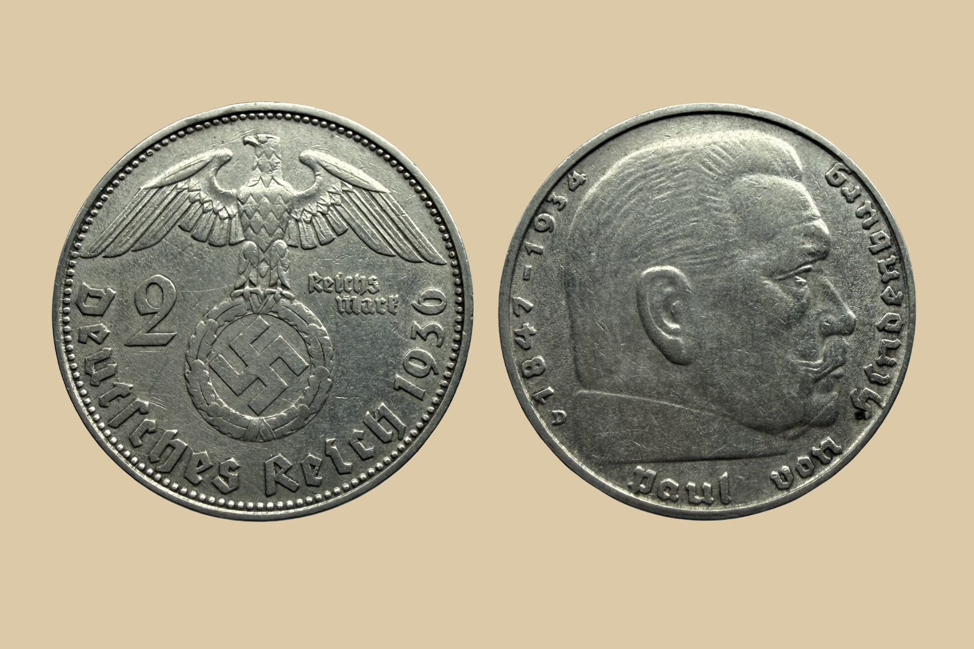 1936 D German 2 Reichsmark Silver Coin obverse and reverse