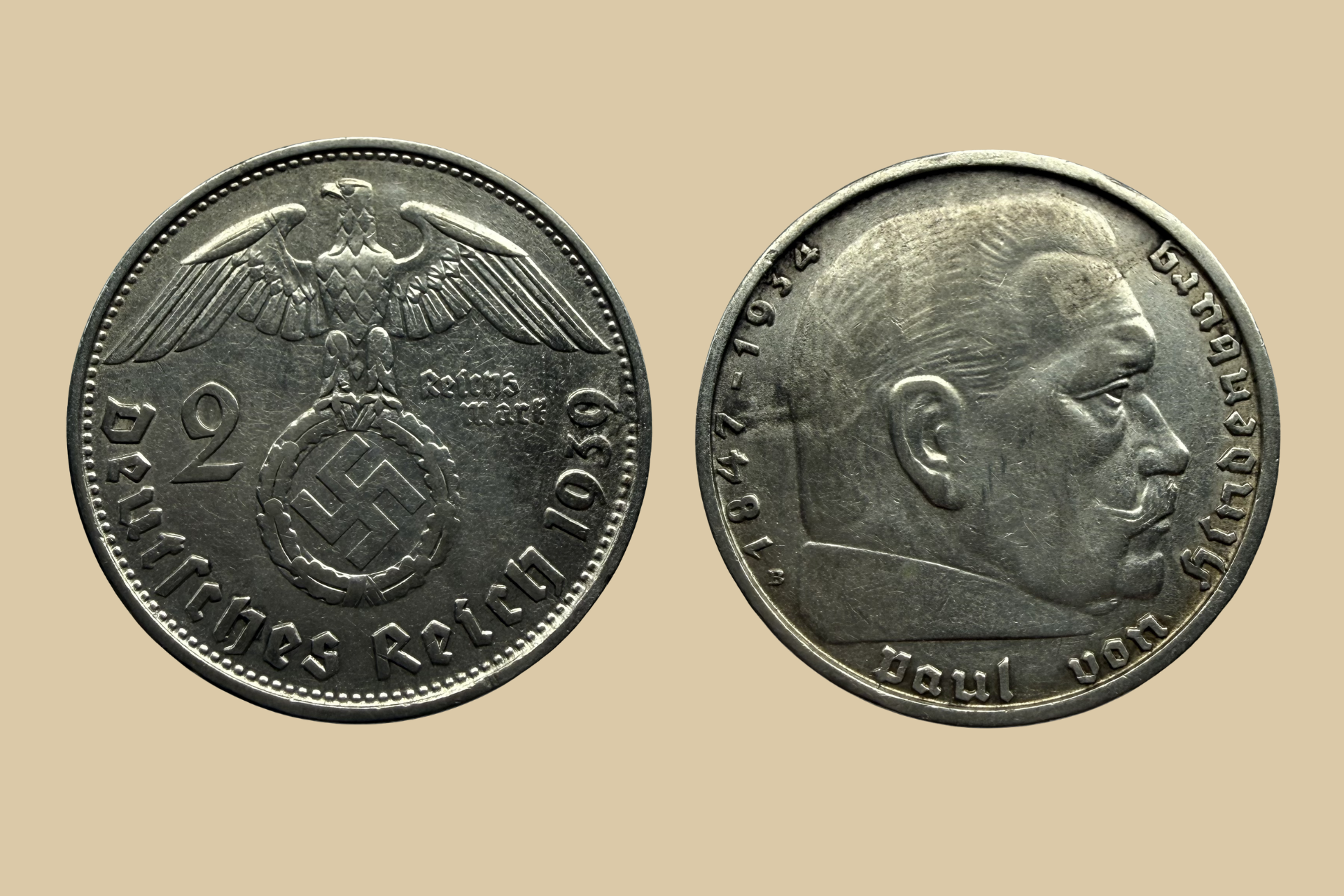 1939 B German 2 Reichsmark Silver Coin obverse and reverse