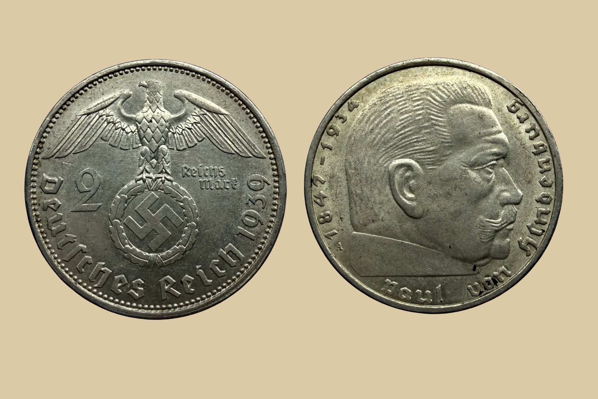 1939 German Silver 2 Reichsmarks coin obverse and reverse
