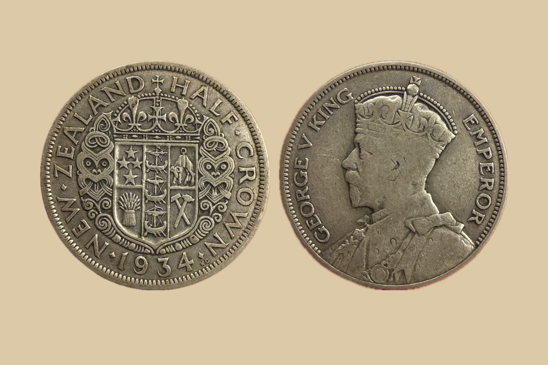 1934 New Zealand Half Crown silver coin obverse and reverse
