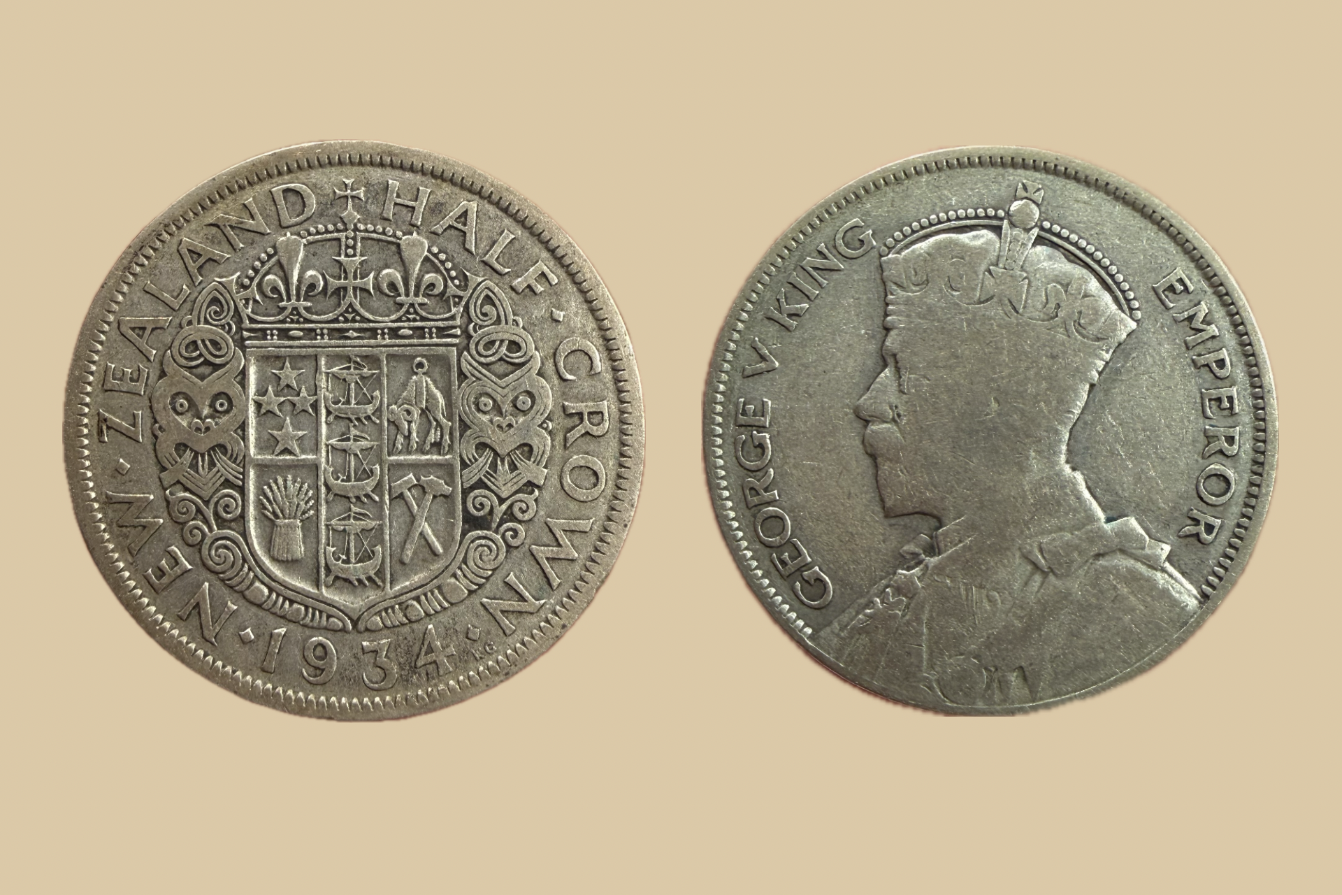1934 New Zealand Half Crown silver coin obverse and reverse