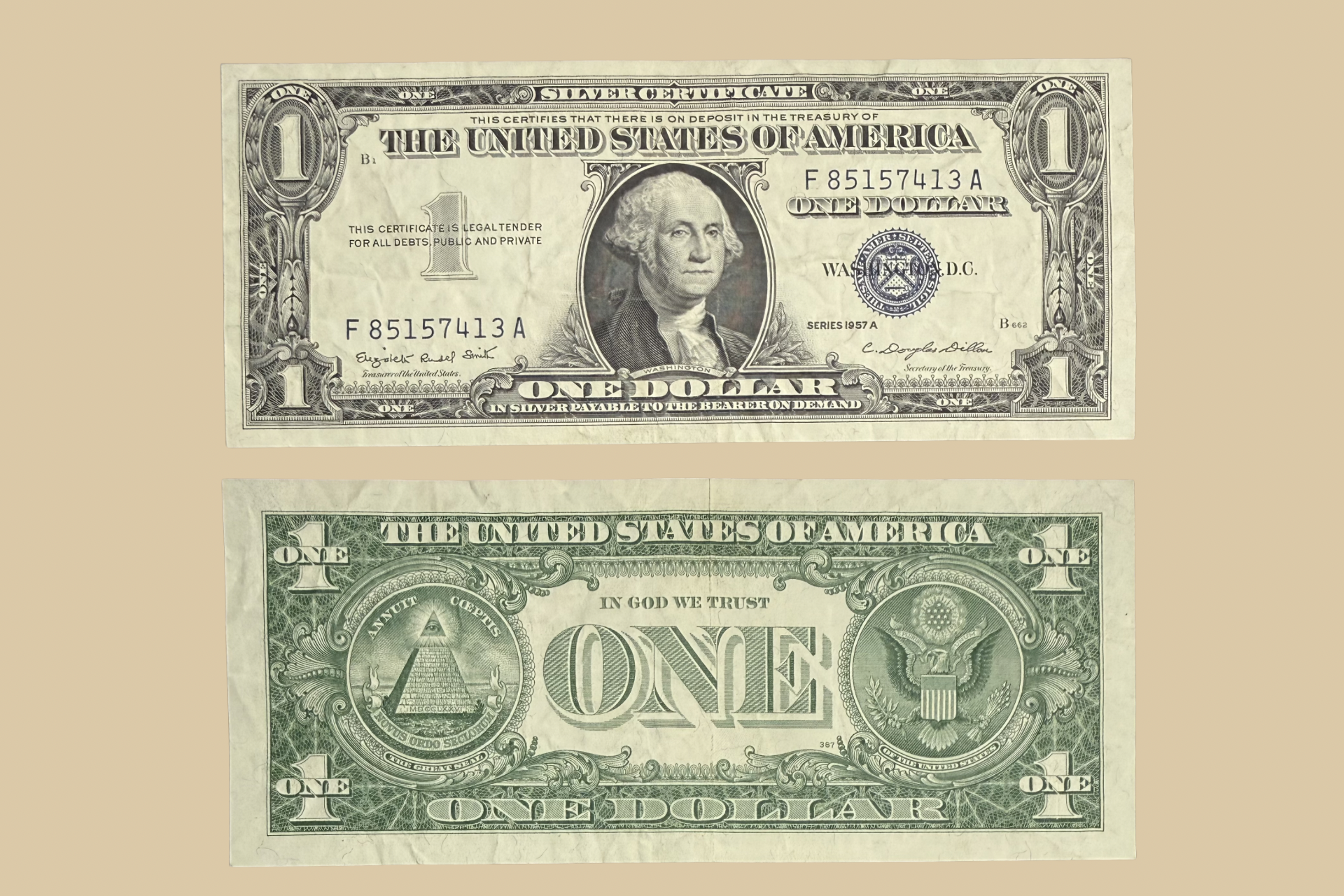 1957 A United States $1 Silver Certificate front and back