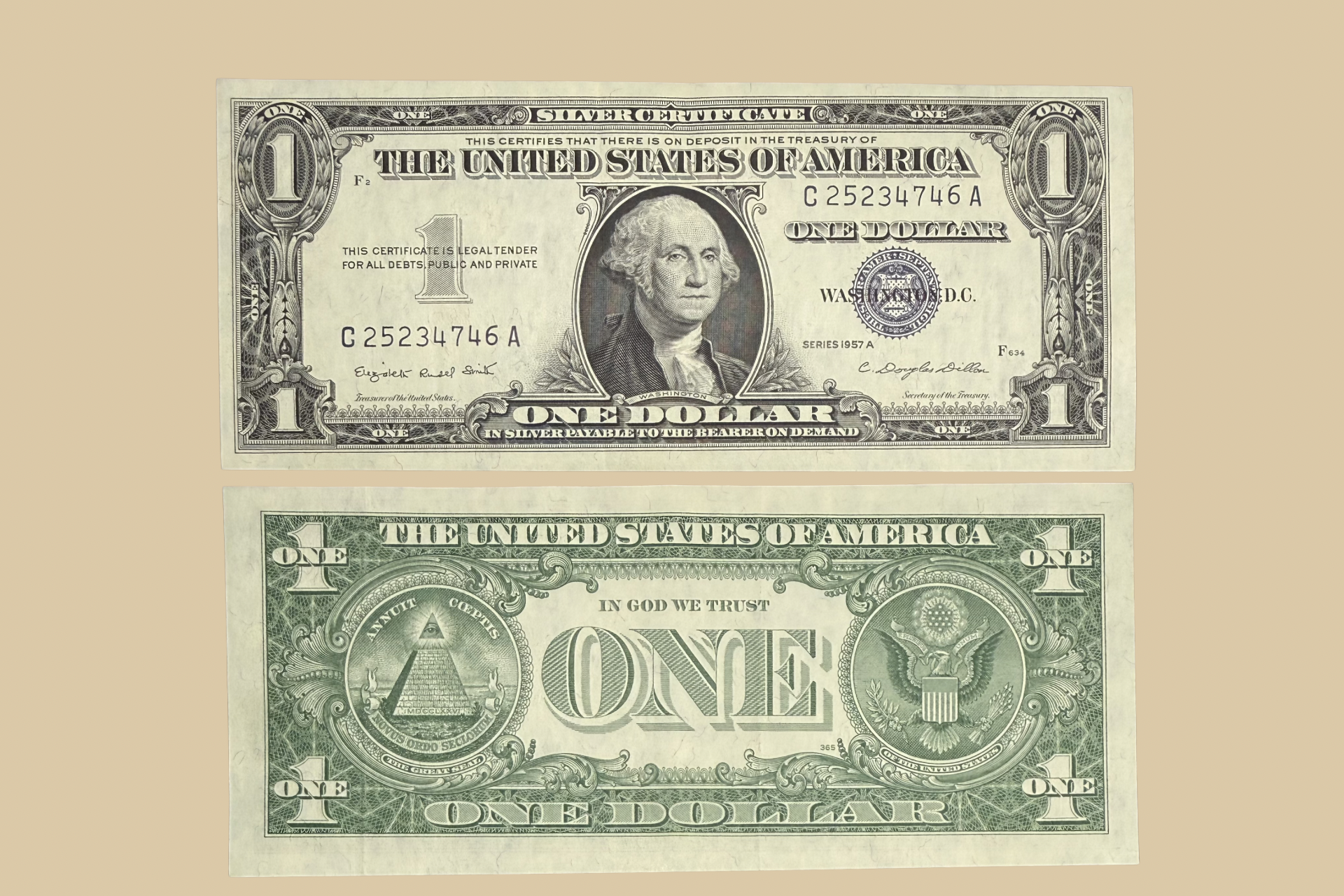 1957 A United States $1 Silver Certificate front and back