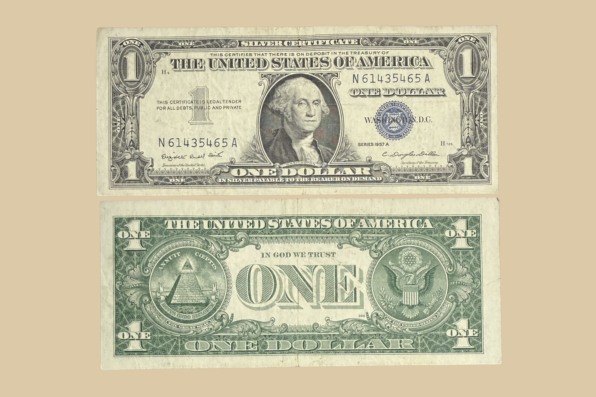1957 A United States $1 Silver Certificate front and back