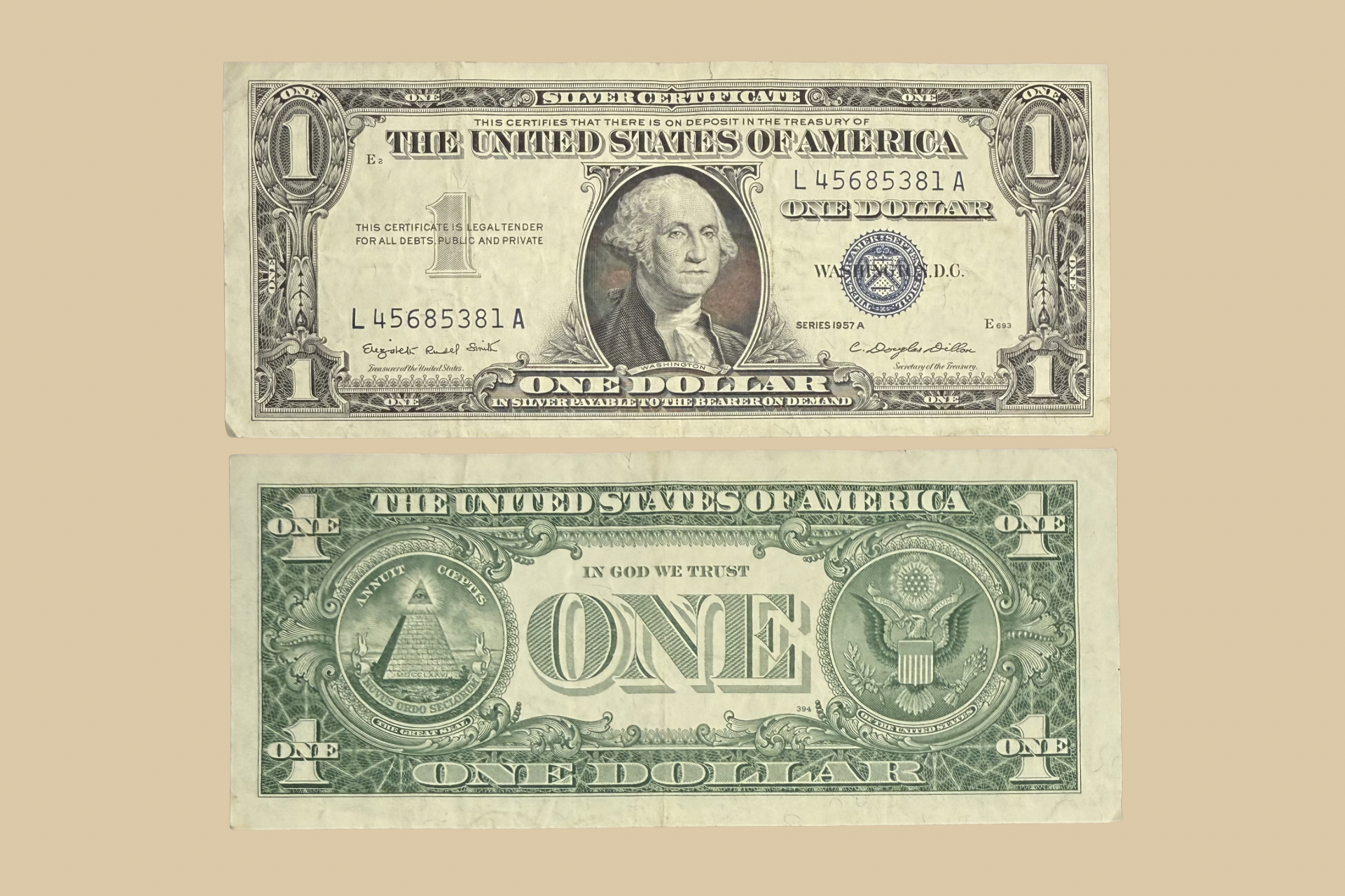 1957 A United States $1 Silver Certificate front and back