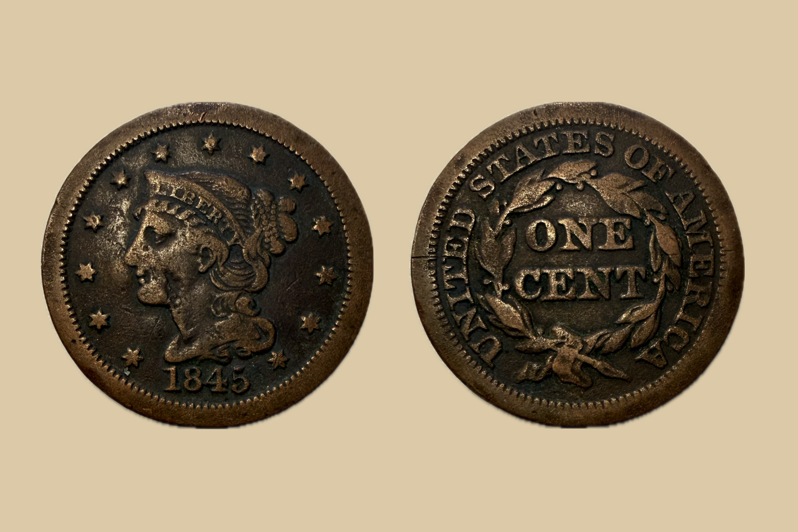 1845 United States Large Cent coin obverse and reverse
