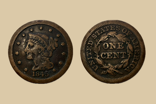 1845 United States Large Cent coin obverse and reverse